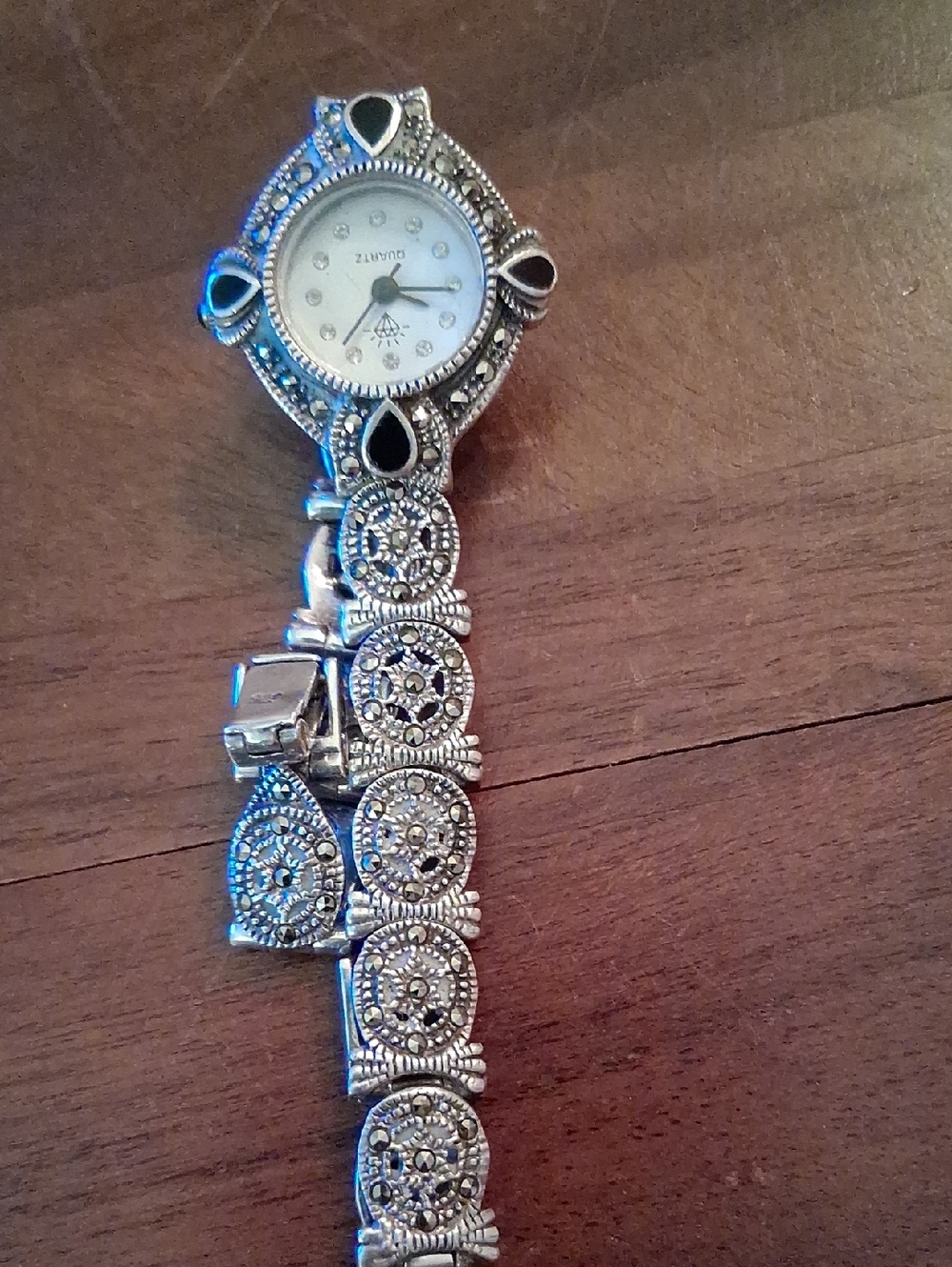 Quartz Sterling Silver and Black Onyz And Marcasite Decorative Women's Watch